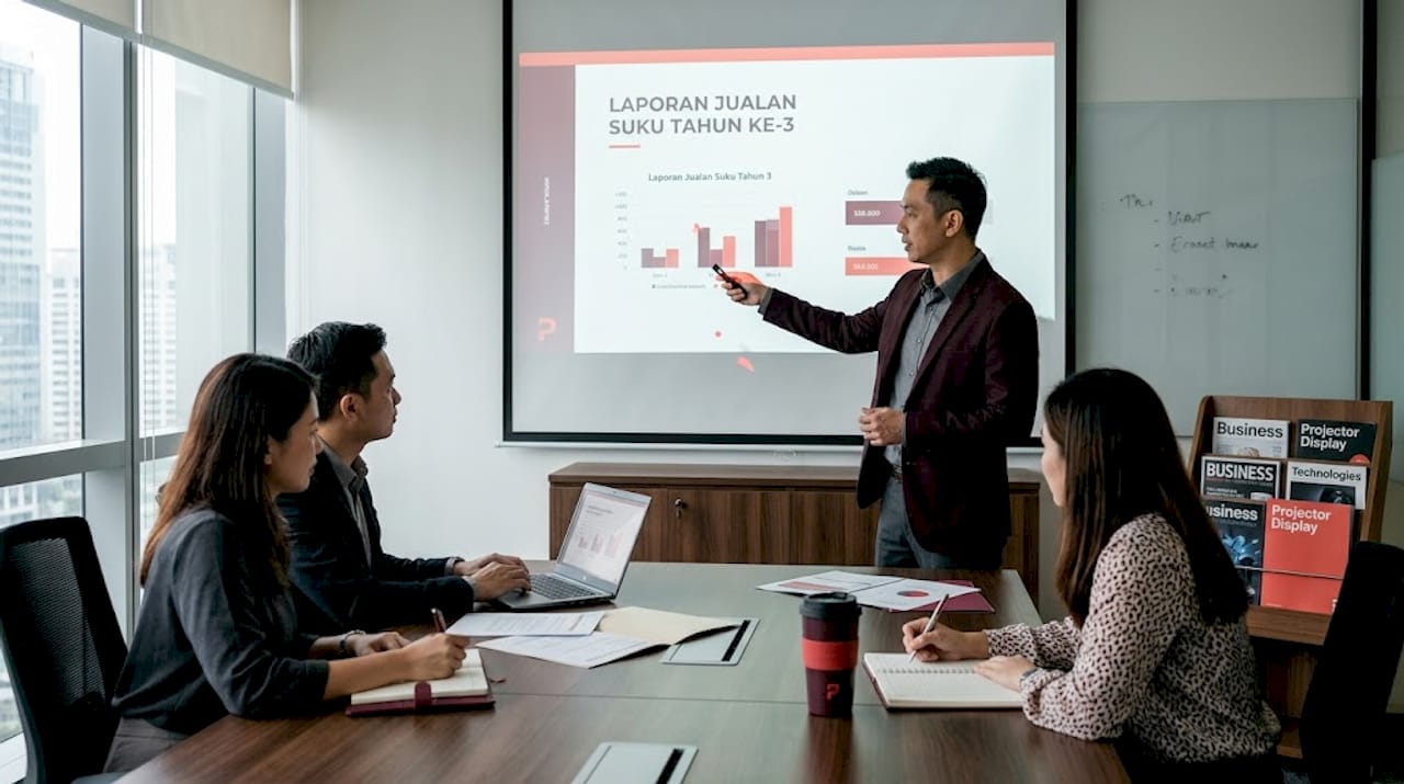 Perbincangan kerja bersama rakan sepejabat sambil meneliti maklumat di skrin projektor