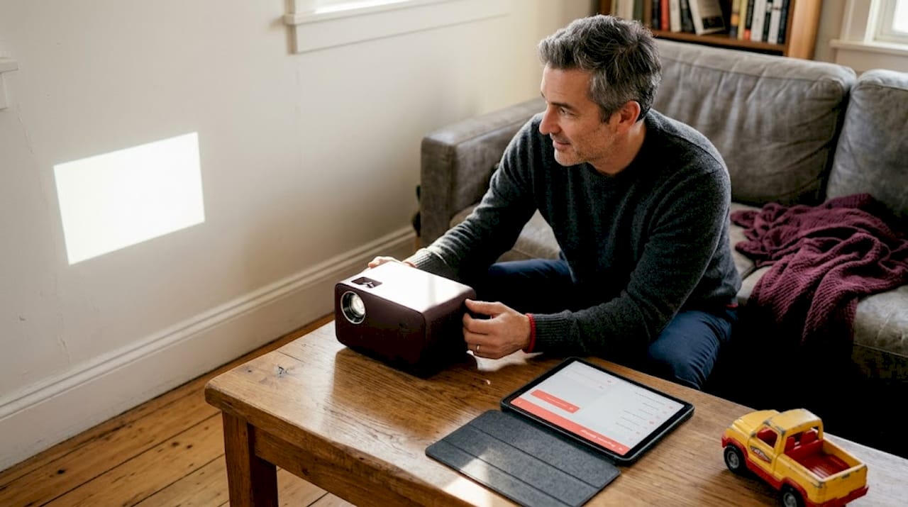 Man adjusting smart projector for clear image