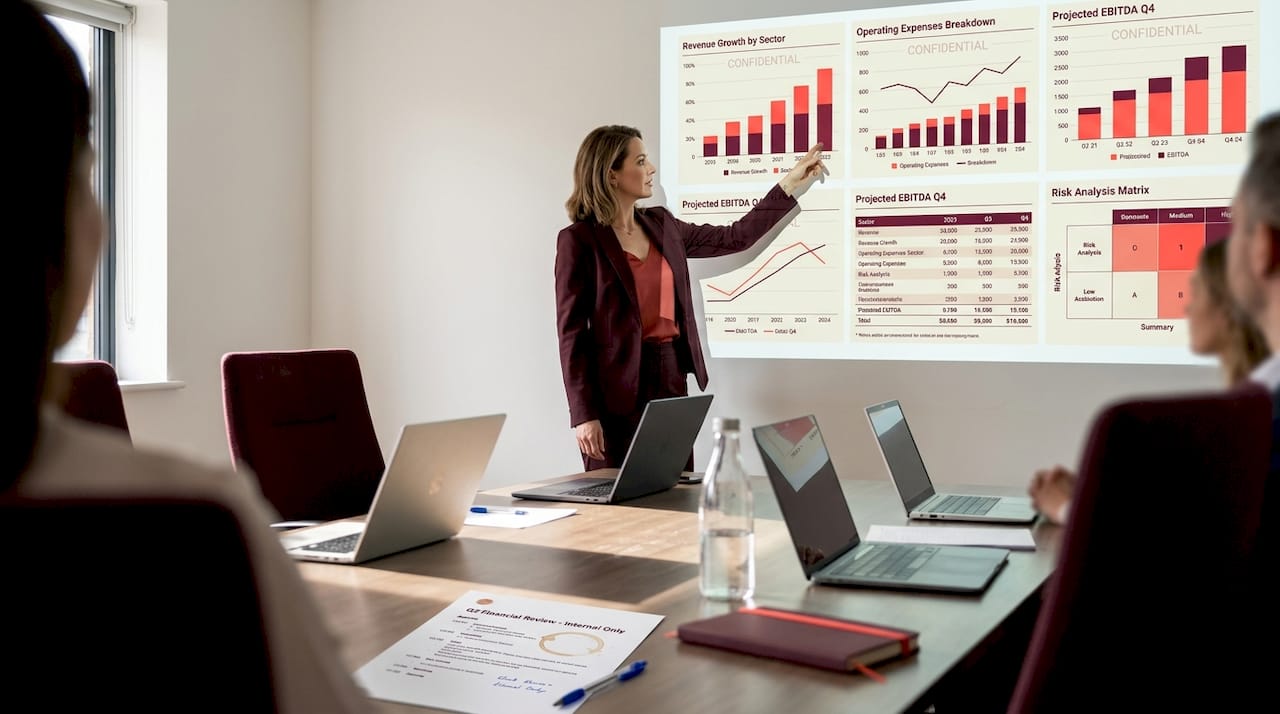 Executive presenting data with confidential watermark