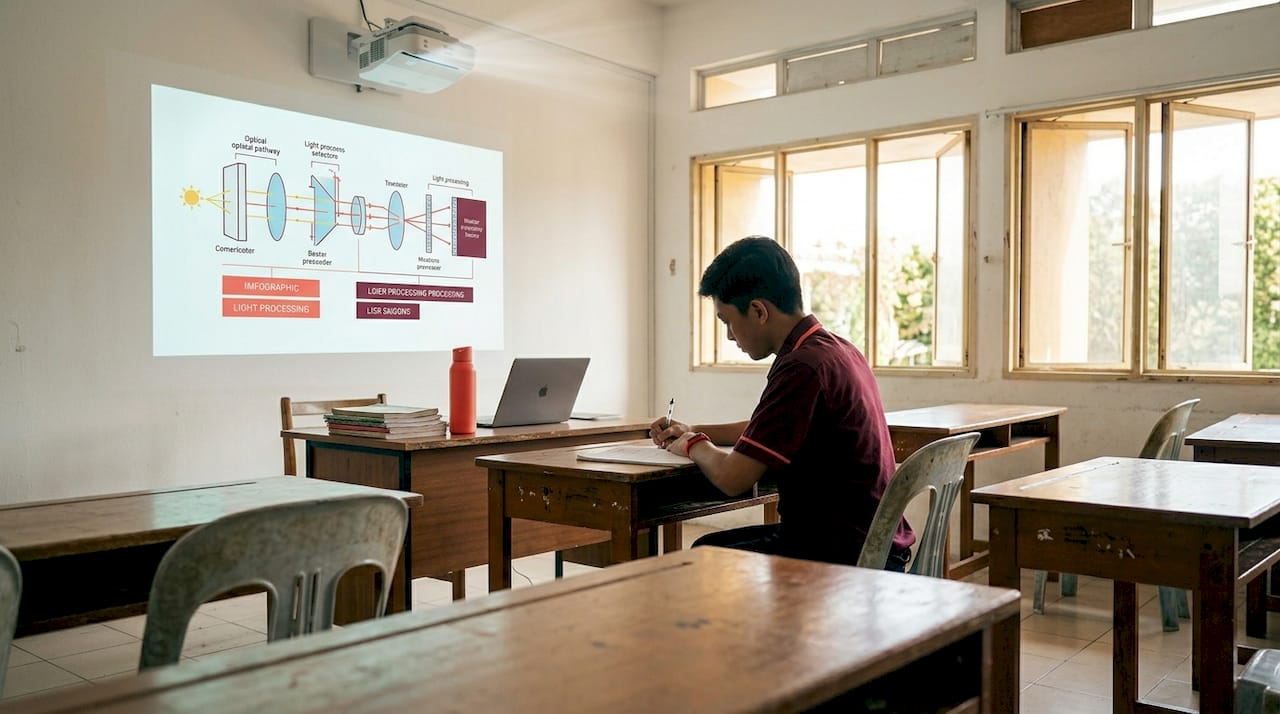 Laser projector image bright in sunny classroom