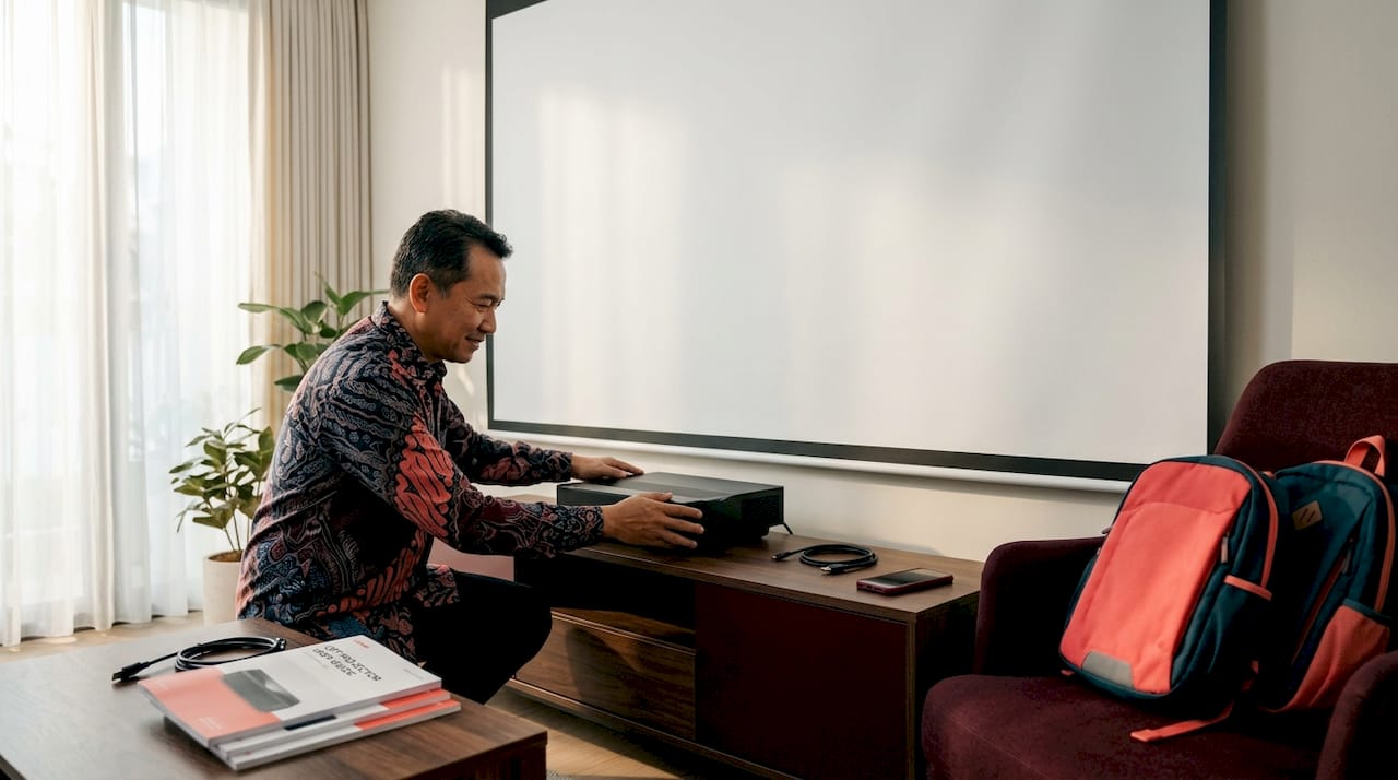 Man adjusting ultra-short throw projector in living room