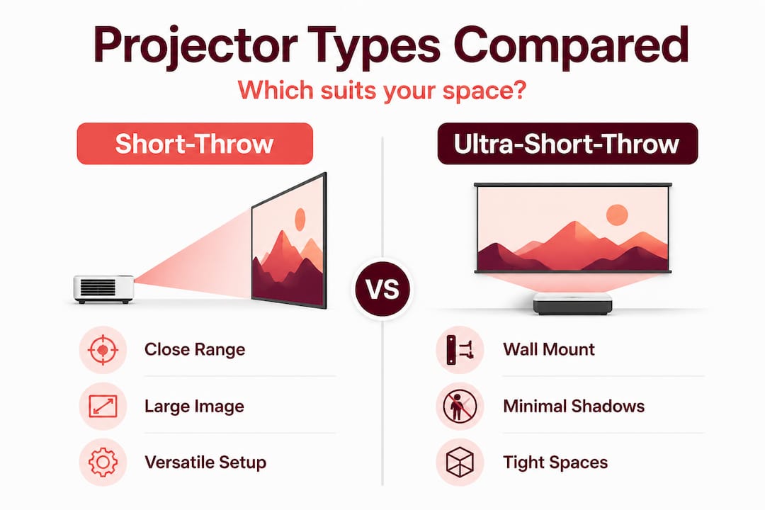 Infographic comparing short-throw and ultra-short-throw projectors