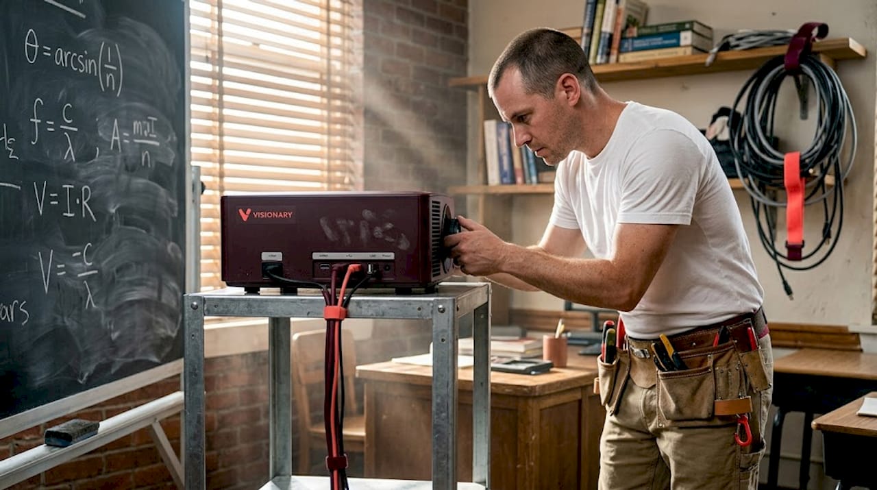 Technician setting UST projector in classroom