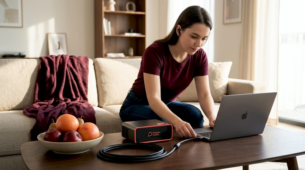 Woman connecting budget projector with HDMI cable