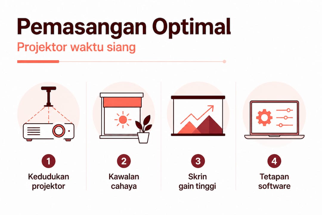 Panduan bergambar pemasangan projektor untuk penggunaan waktu siang