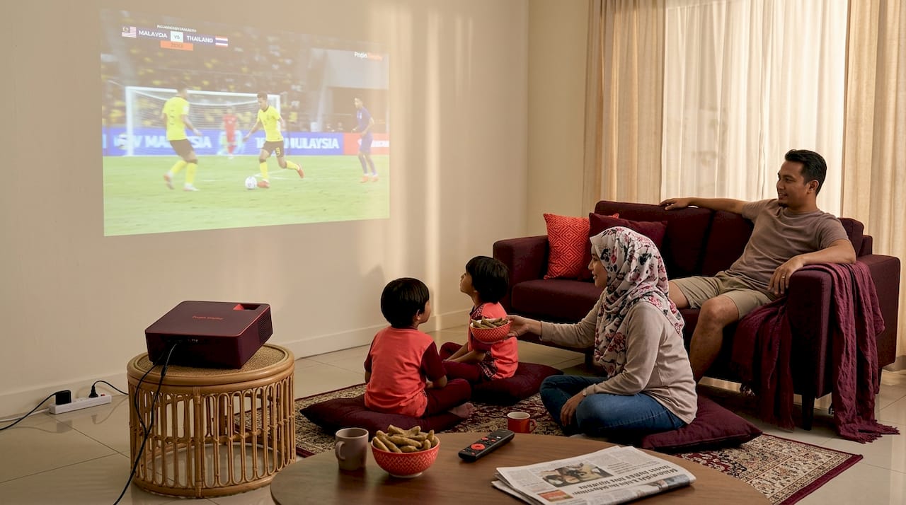 Sekeluarga bersantai di ruang tamu sambil menonton perlawanan bola sepak yang ditayangkan melalui projektor. Suasana jadi lebih meriah bila semua berkumpul, bersorak dan berkongsi kegembiraan bersama.