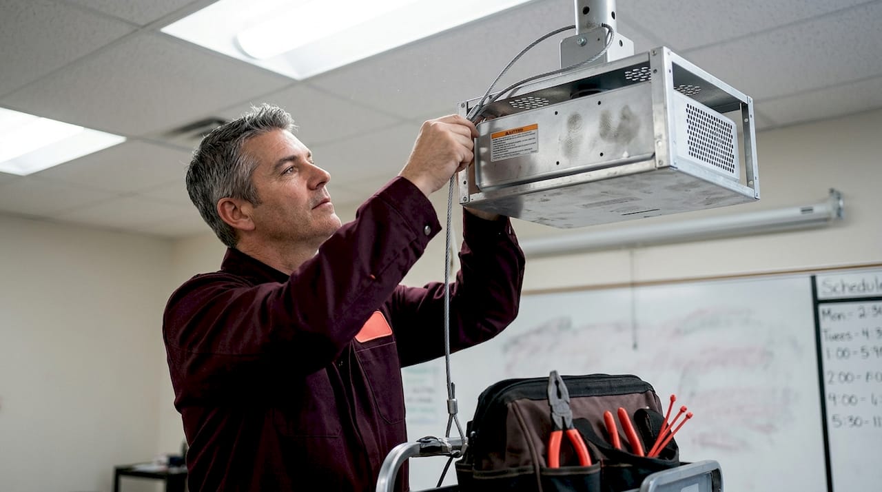 Worker installs secure cable lock for projector