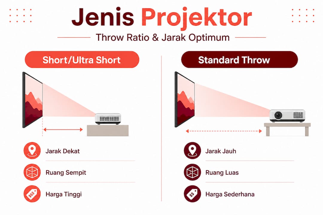 Infografik perbandingan antara projektor short throw dan standard throw