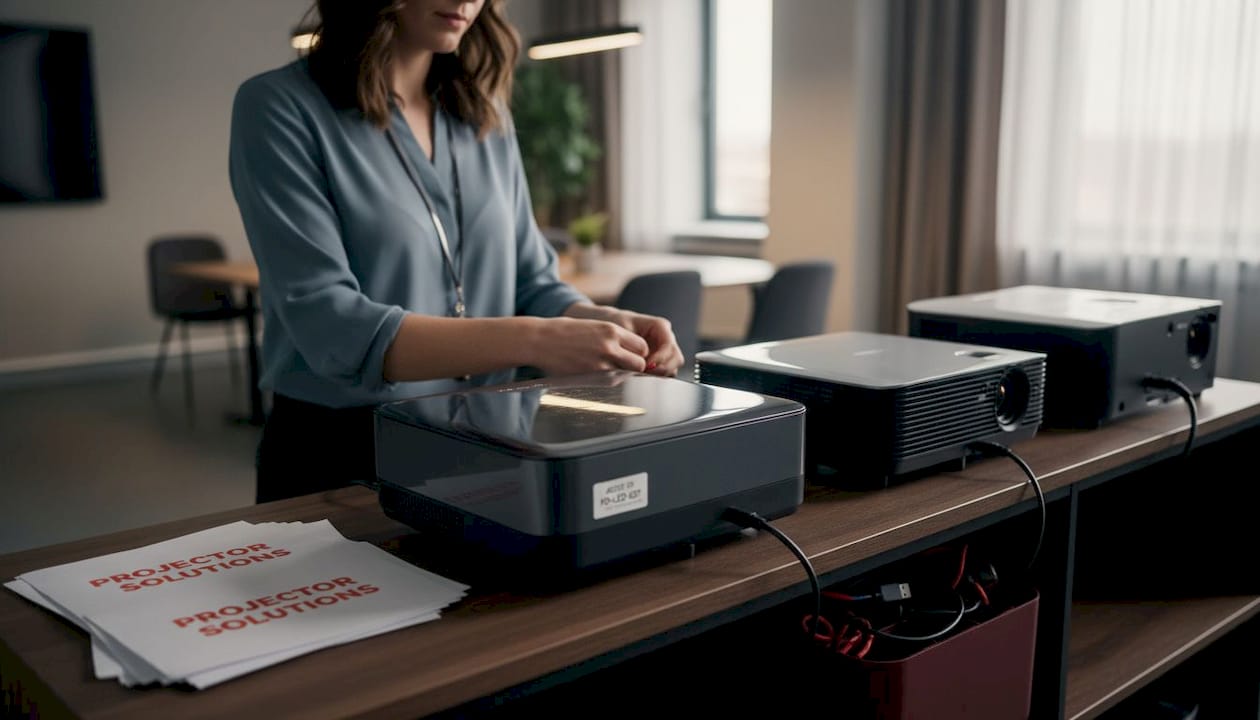 Technician comparing three business projectors