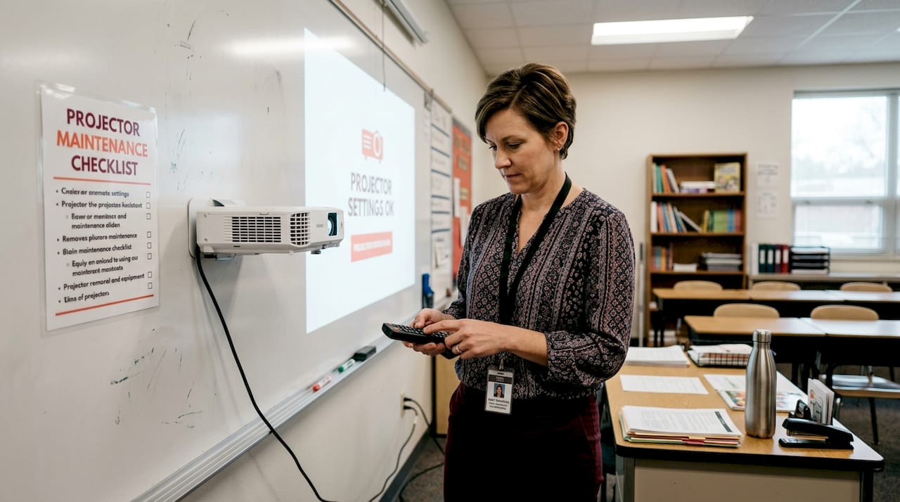 School administrator checks projector settings