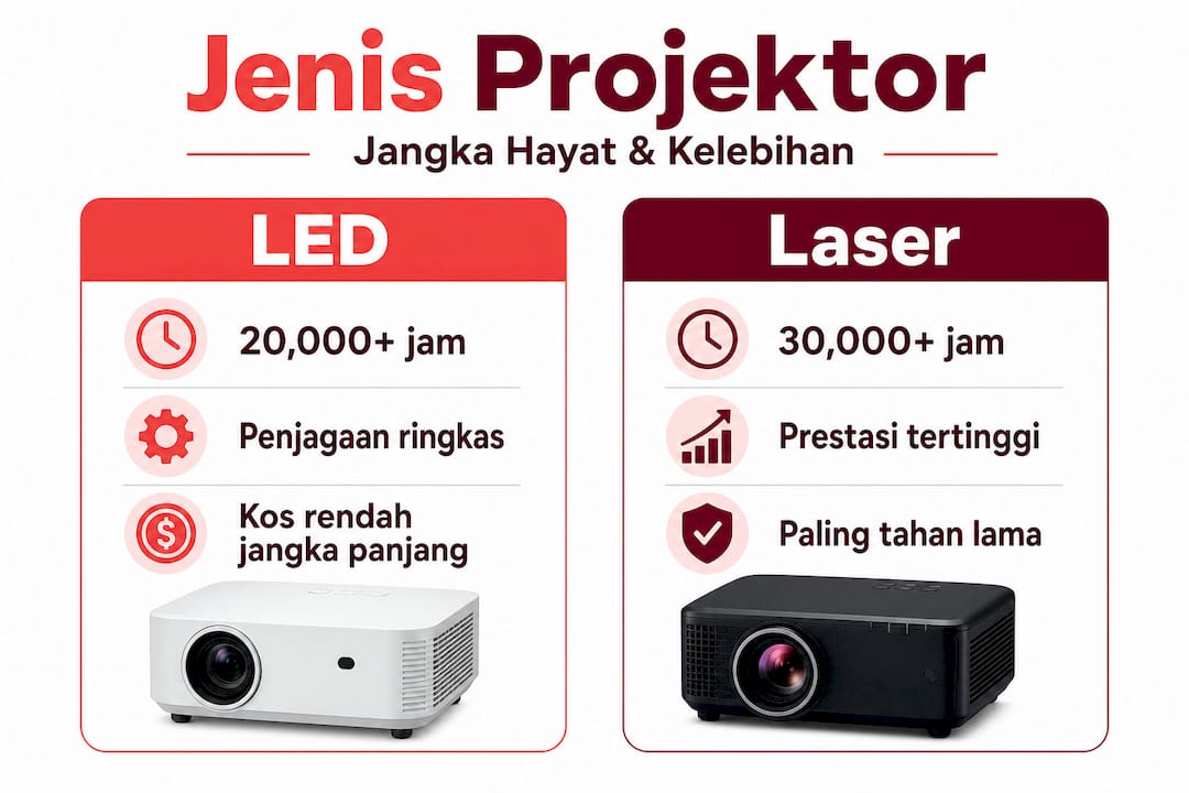Infografik perbandingan projektor LED dan projektor laser