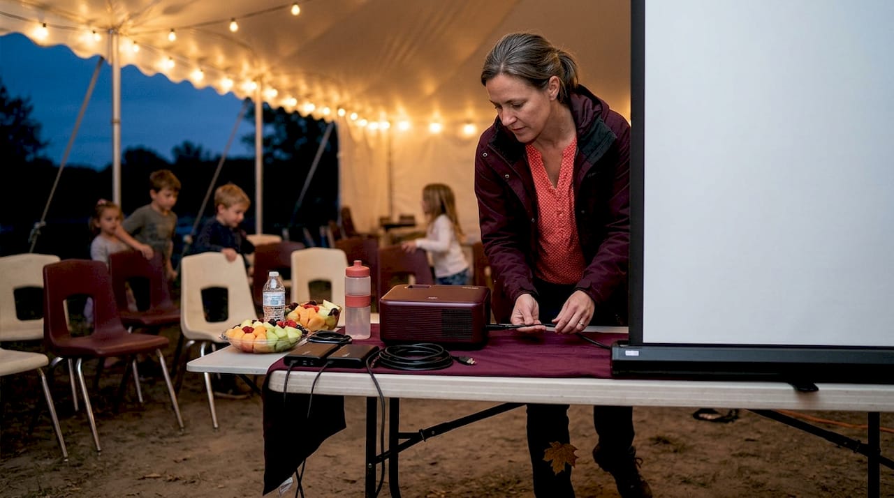 Setting up projector at community event outdoors