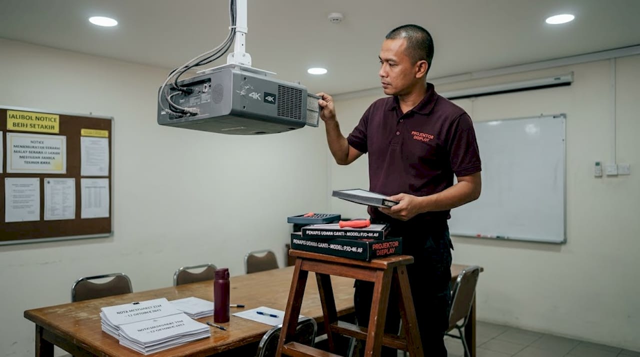 Seorang juruteknik sedang melakukan penyelenggaraan projektor yang dipasang di siling.