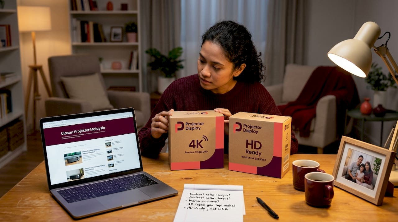 Seorang wanita sedang membandingkan kualiti projektor Full HD dan 4K di rumah untuk memilih yang paling sesuai dengan keperluannya.