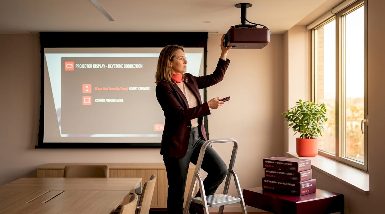 Woman adjusting office projector for keystone
