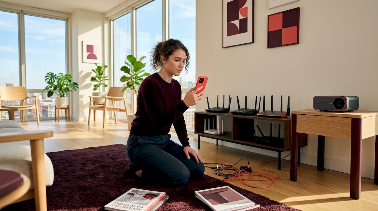 Woman troubleshooting projector Wi-Fi signal at home