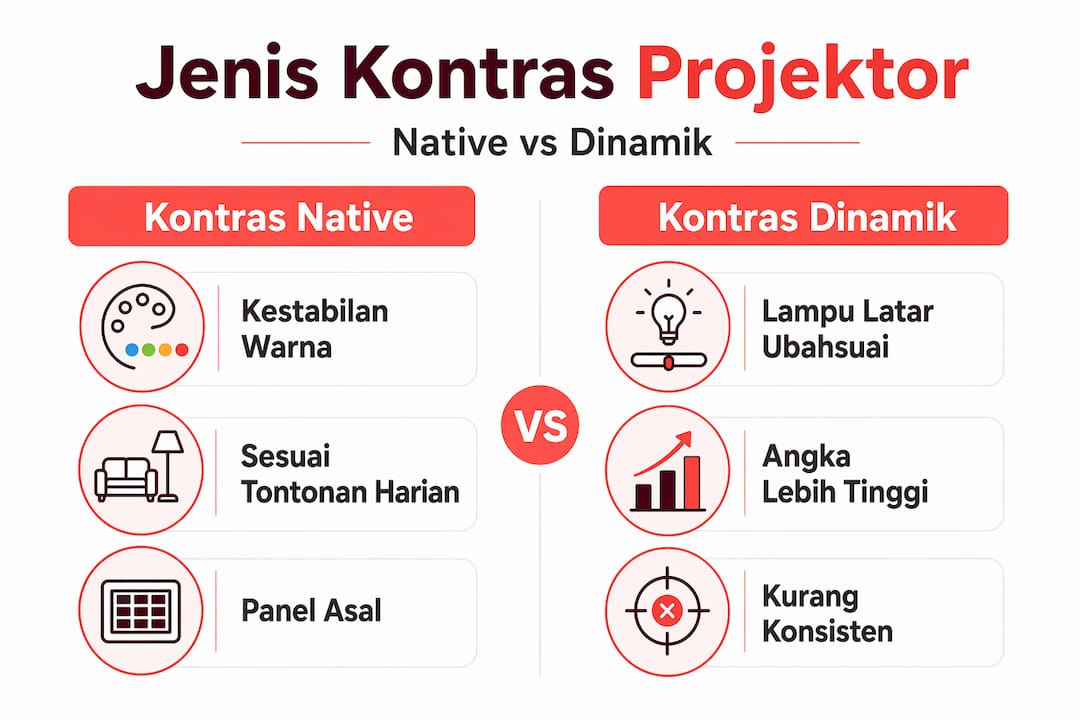Infografik perbandingan antara kontras projektor jenis asli dan dinamik