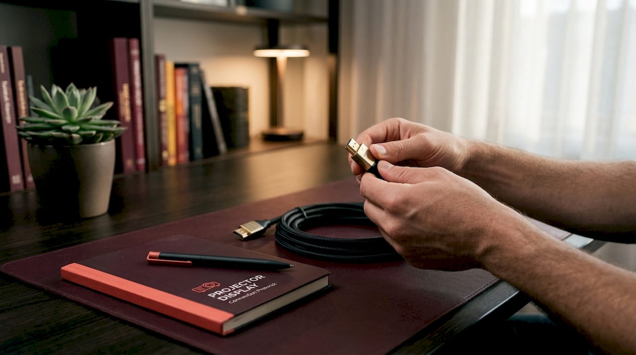 Hands checking HDMI cable at media setup