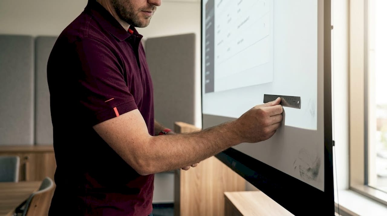 Technician checks projector board flatness