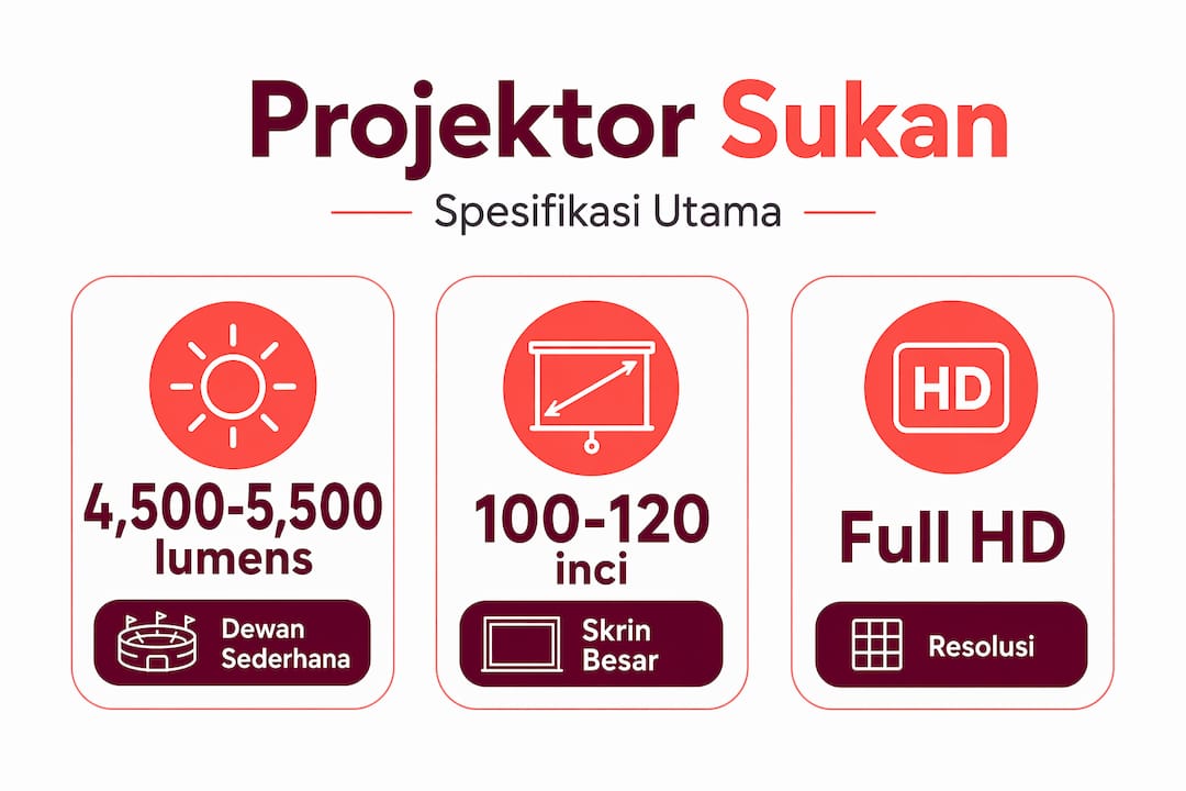 Infografik mengenai ciri-ciri utama projektor untuk acara sukan