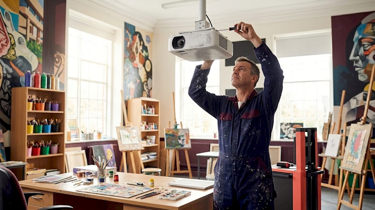 Worker mounts ceiling projector in classroom