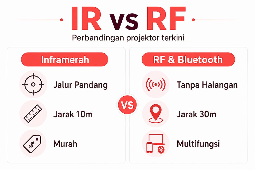 Infografik perbandingan antara alat kawalan jauh IR dan RF untuk projektor