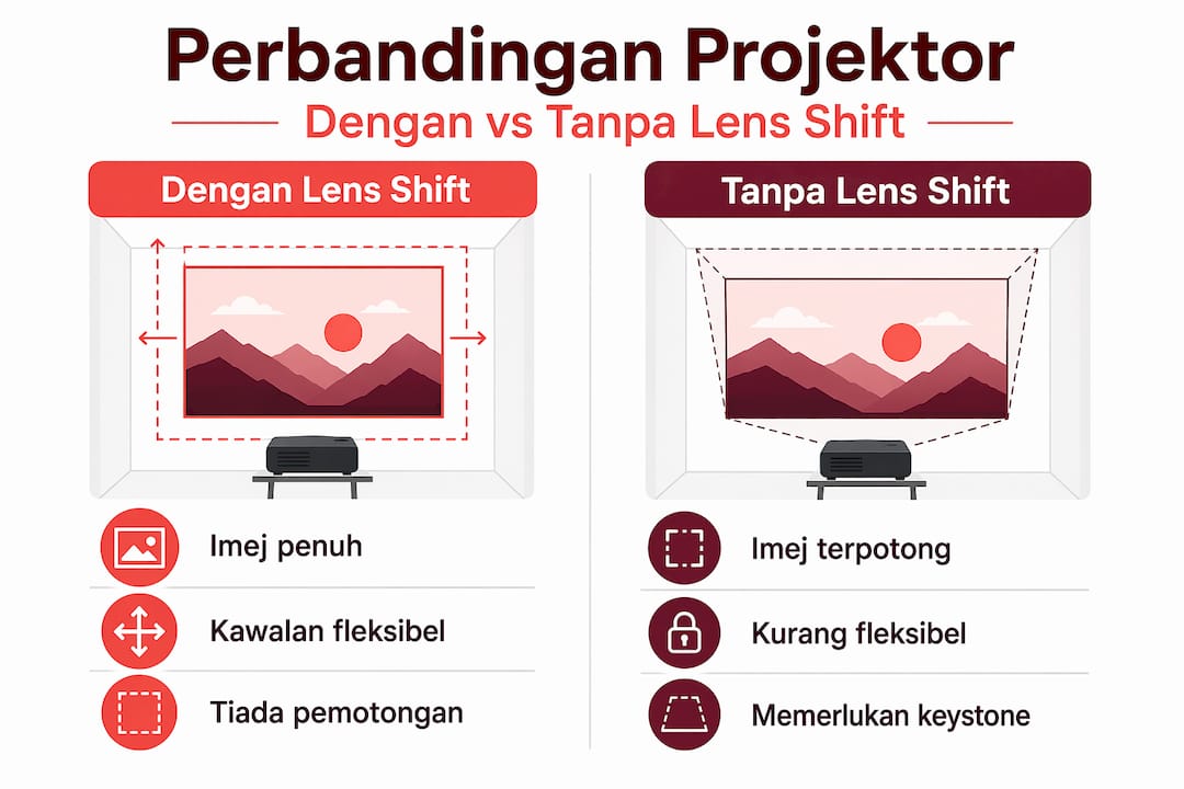 Infografik perbandingan keupayaan lens shift pada projektor berbanding projektor biasa