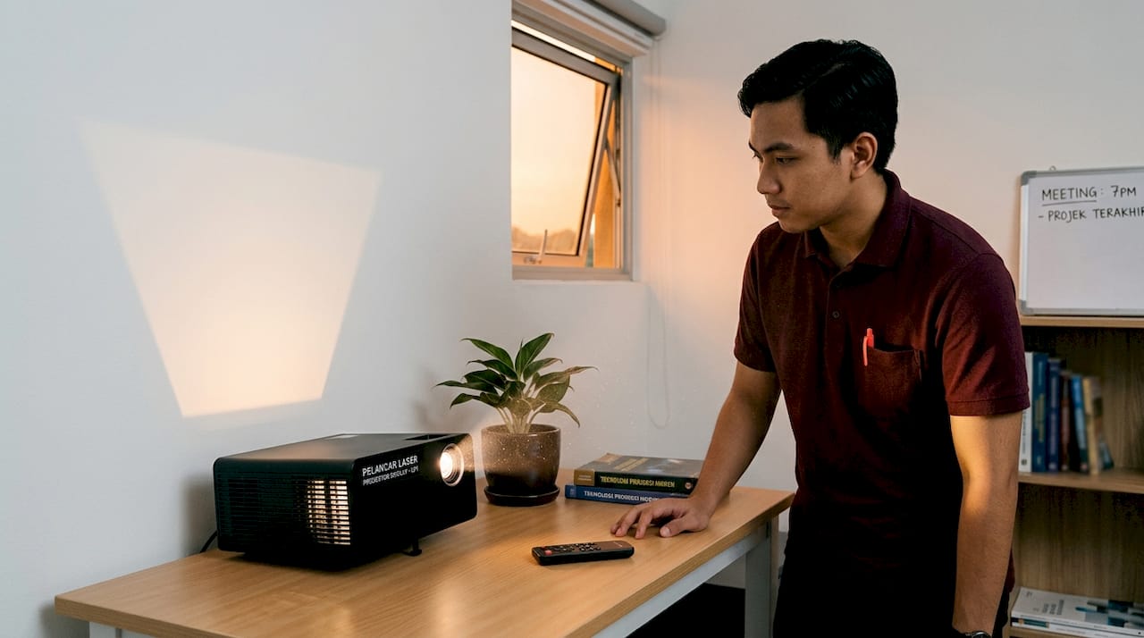 Seorang pelajar sedang melaraskan aliran udara pada projektor laser.