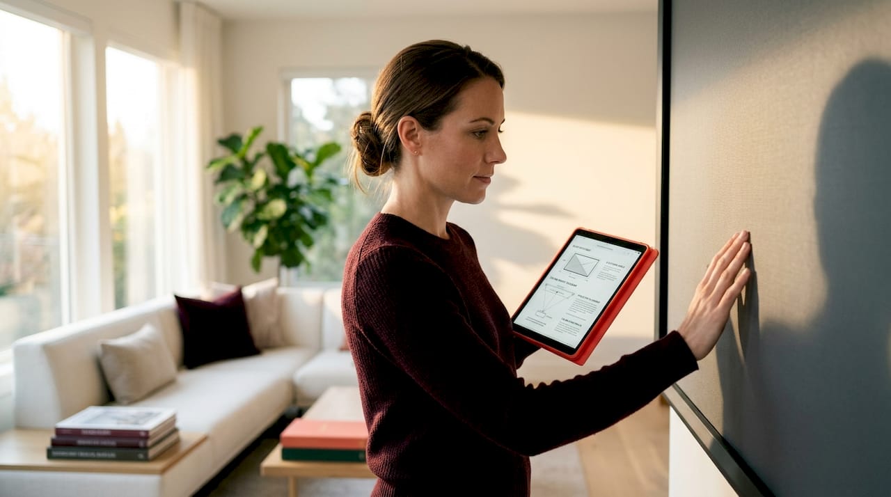 Woman examining projector ALR screen in home office
