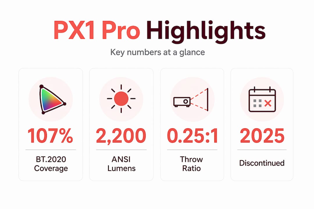 PX1 Pro stats: color, lumens, throw, year