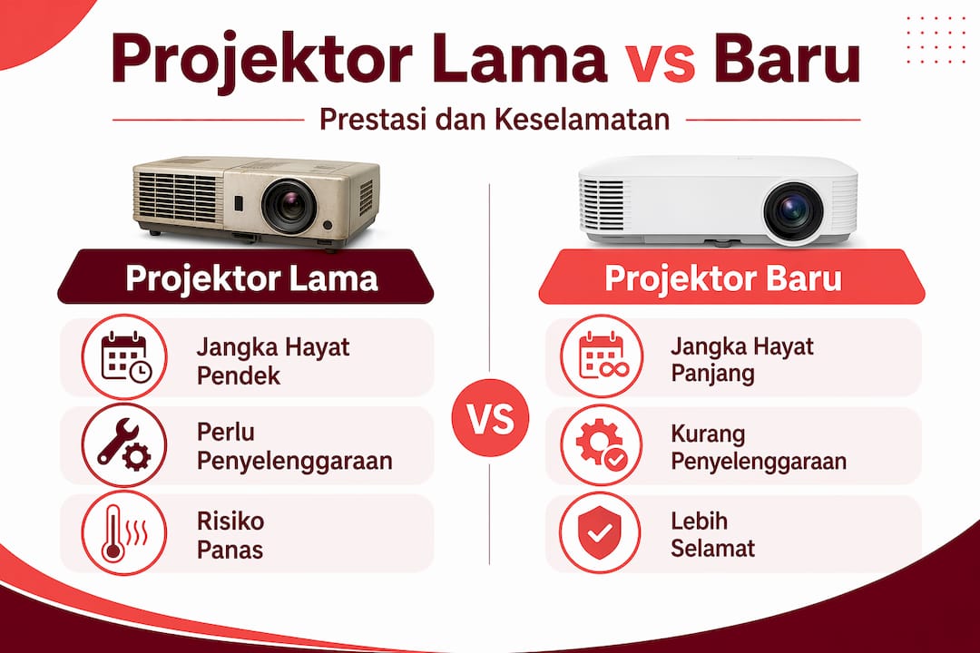 Infografik perbandingan ciri-ciri projektor lama dan baharu