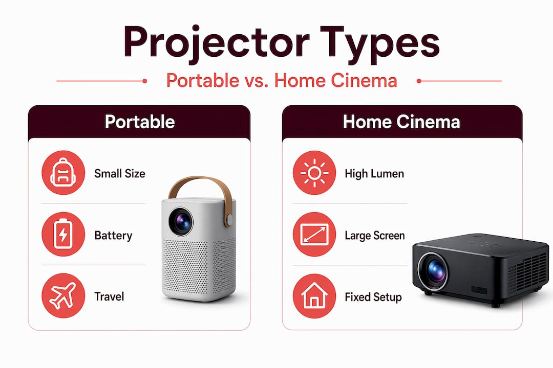 Infographic comparing portable and home cinema projectors