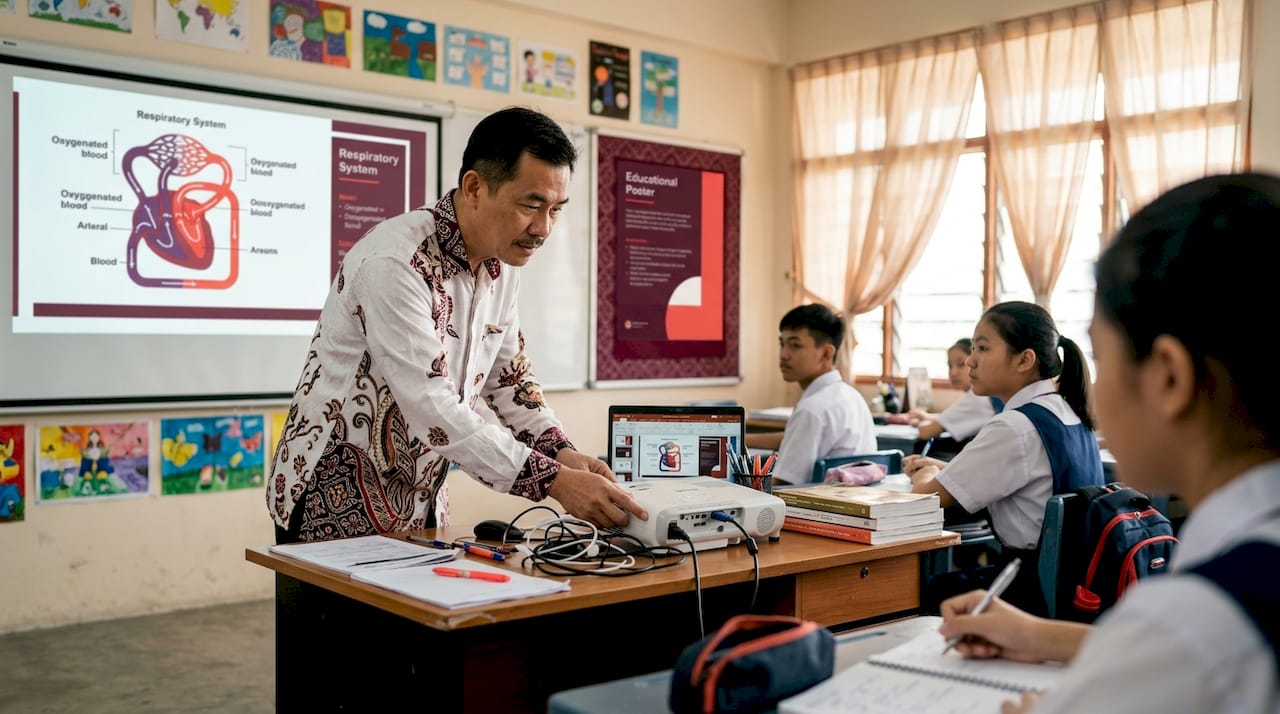 Teacher using LCD projector in classroom