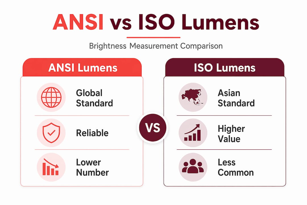 Infographic comparing ANSI and ISO lumens