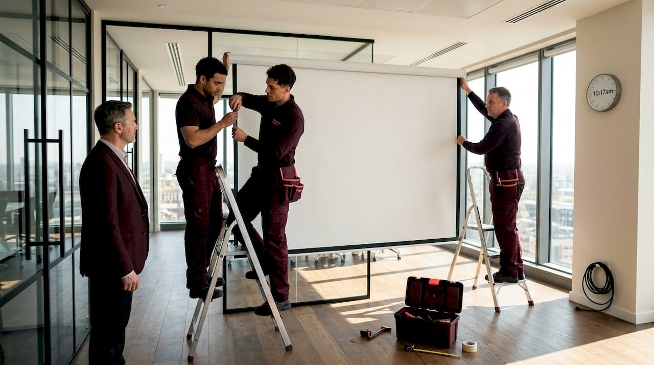 Technicians installing projector screen in office