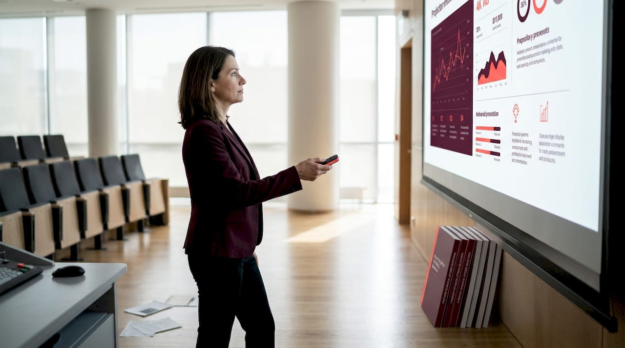 AV manager demos projector in large auditorium
