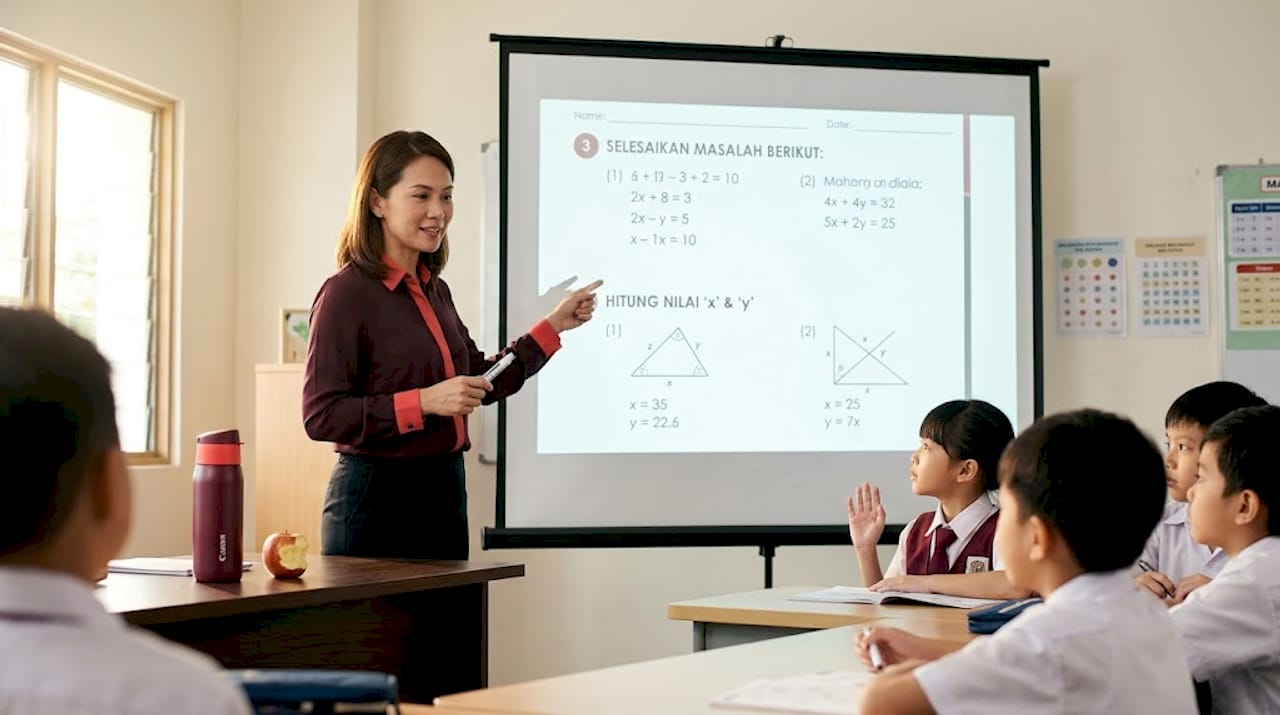 Cikgu sedang menggunakan projektor untuk mengajar di dalam kelas.