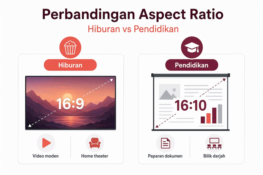 Infografik perbandingan nisbah aspek projektor untuk kegunaan di rumah dan pendidikan