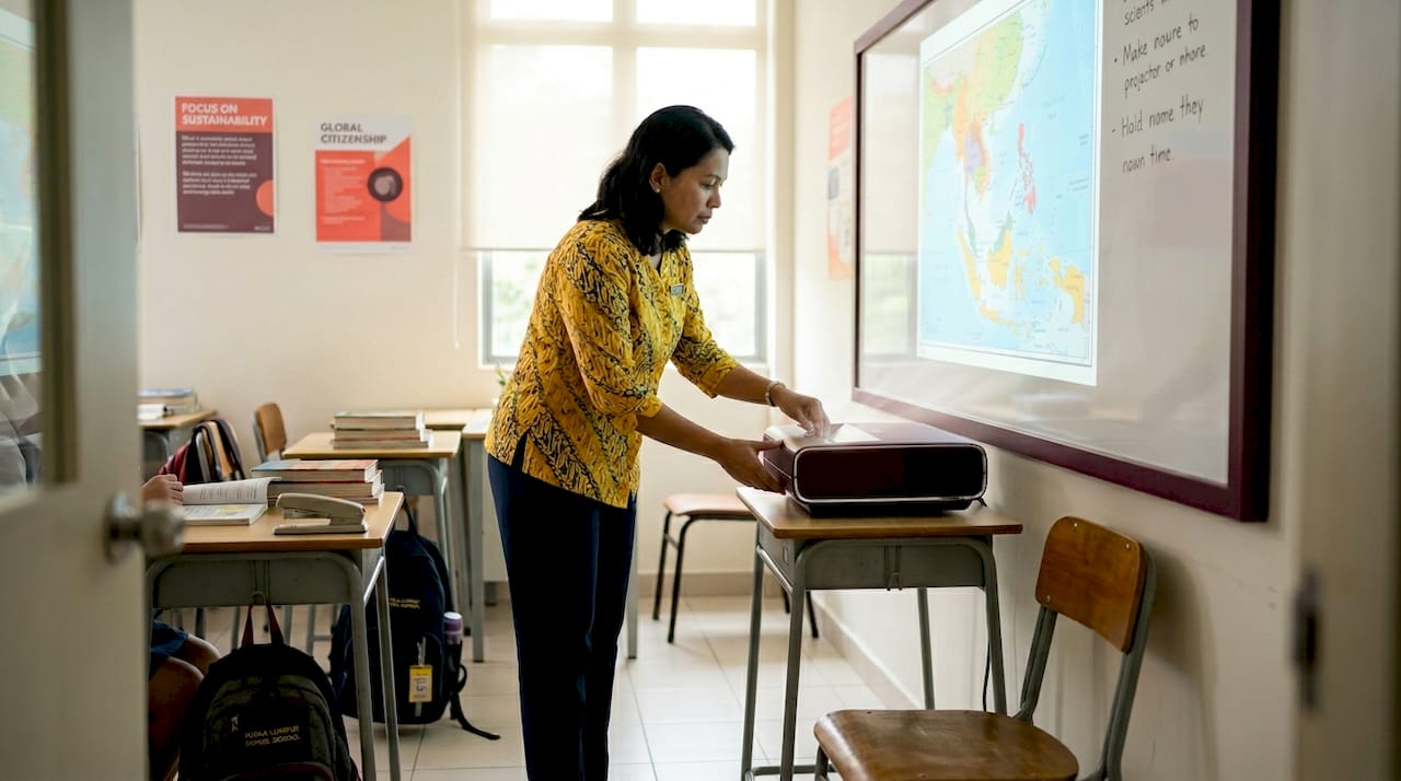 Teacher using laser projector in classroom