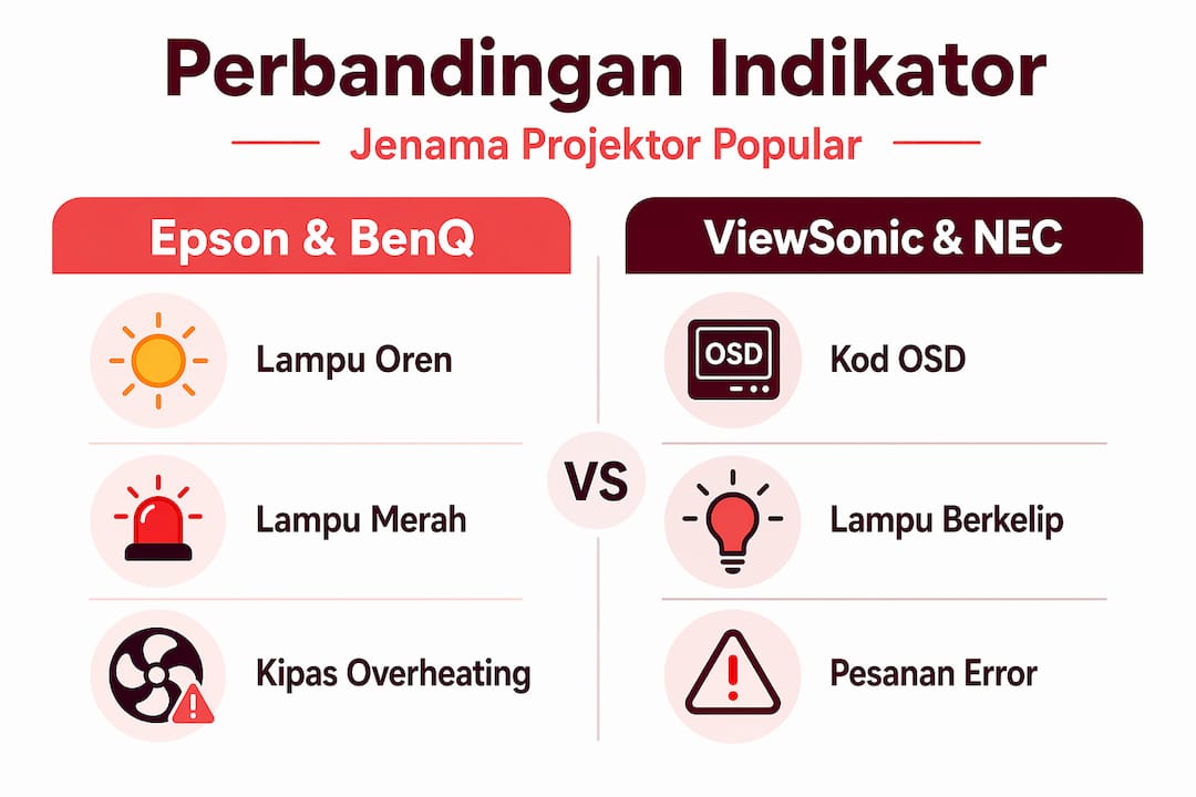 Infografik perbandingan ciri-ciri utama pelbagai jenama projektor