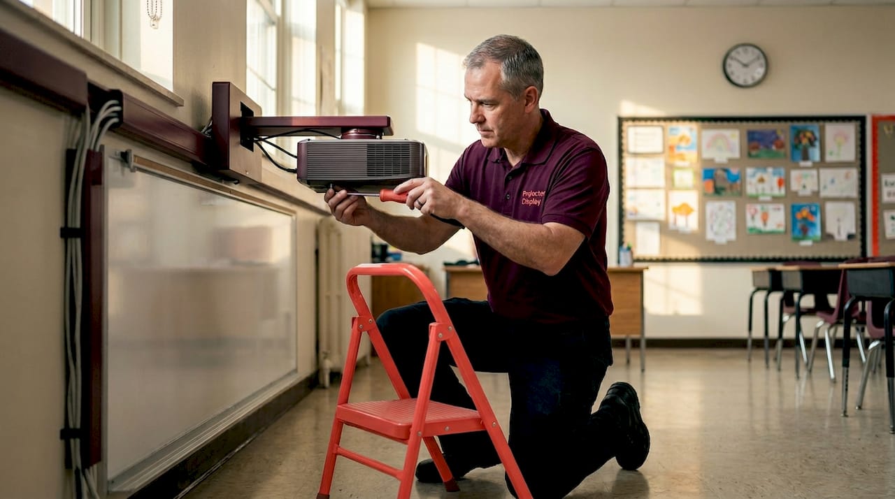 Technician installing ultra-short throw projector