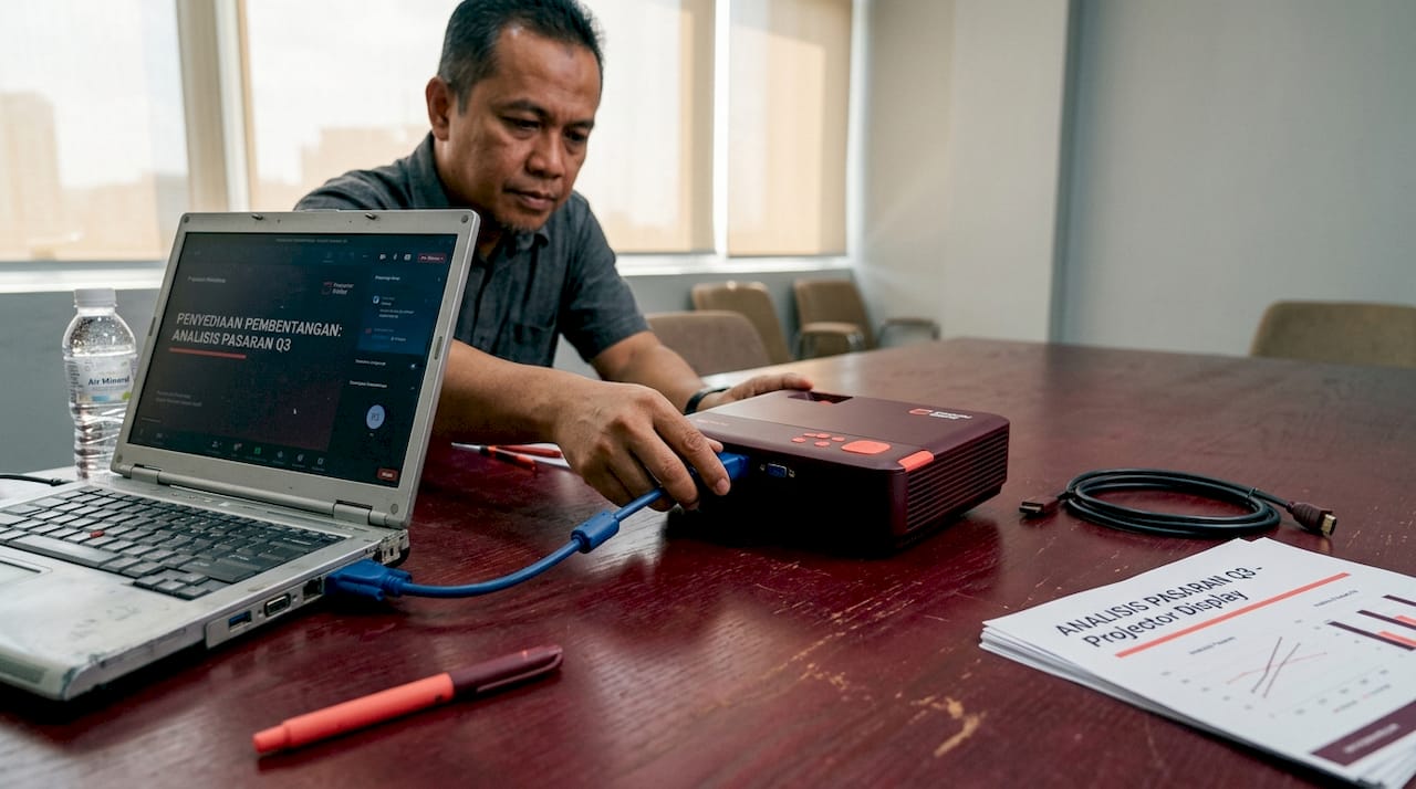 Seorang pekerja sedang menyambungkan komputer riba ke projektor menggunakan kabel VGA.