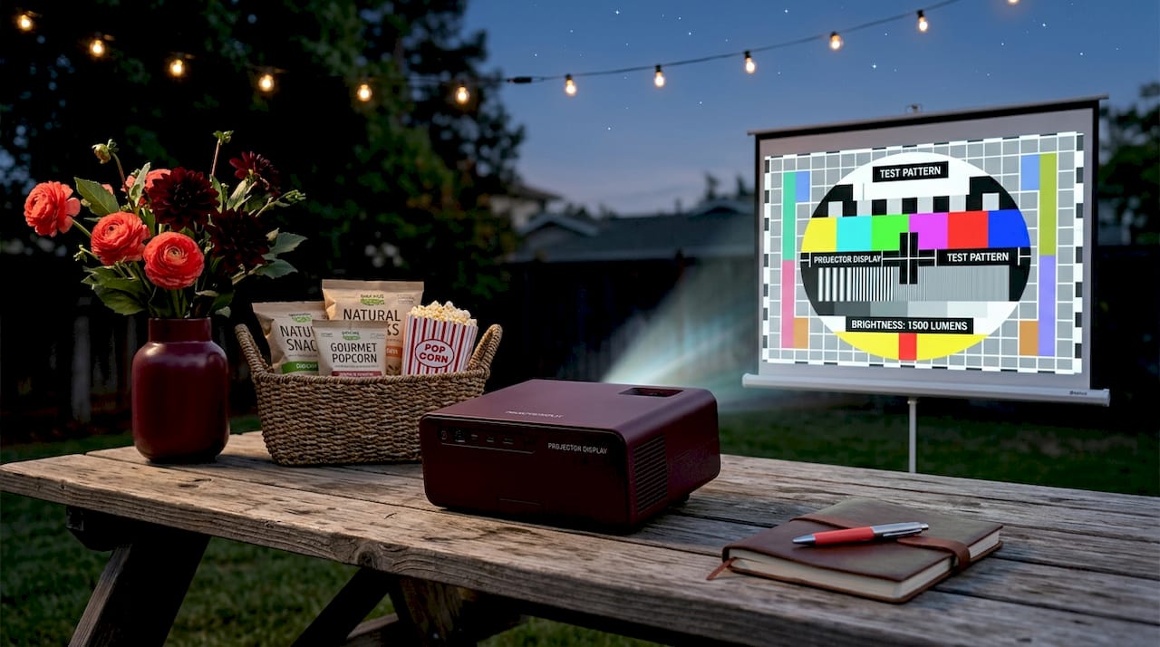 Portable projector displaying bright test pattern outdoors