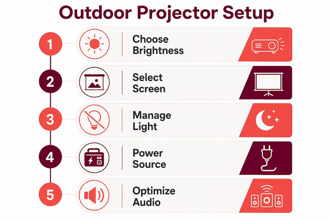 Infographic showing outdoor projector setup steps