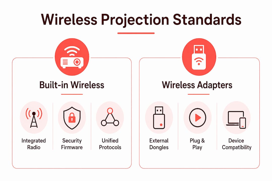 Infographic comparing built-in wireless projectors and wireless adapters