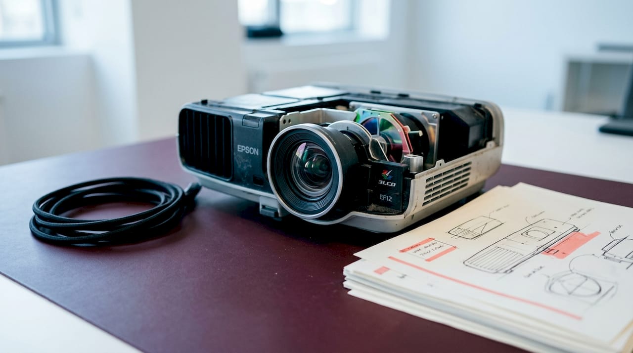 Close-up of Epson EF12 projector 3LCD components
