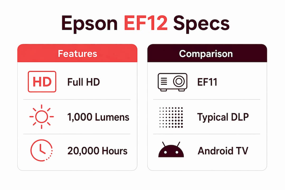 Infographic comparing Epson EF12 features and competitors