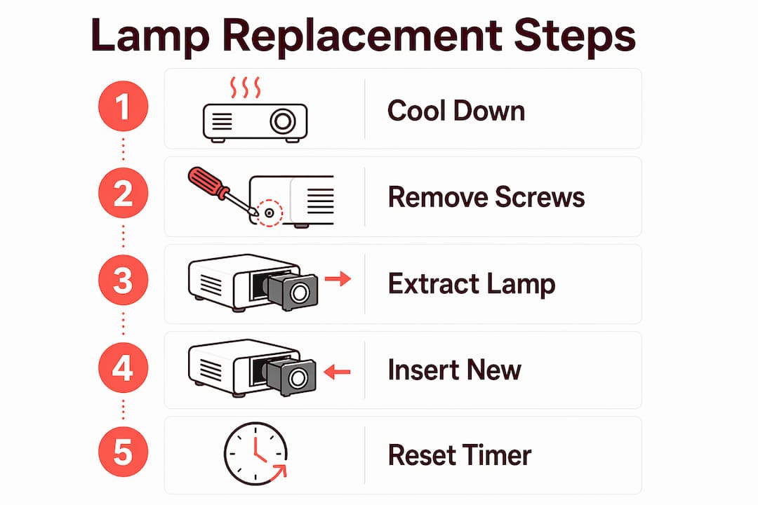 Infographic illustrating projector lamp replacement steps
