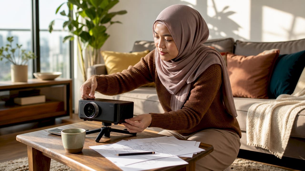 Tangan sedang melaraskan fokus pada projektor mudah alih