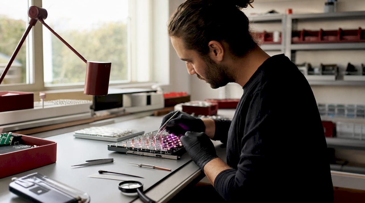 Hands assembling micro LED projector components
